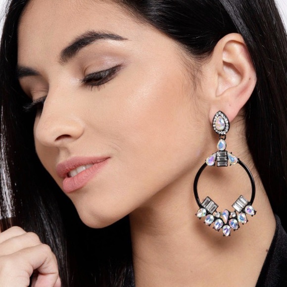 Crystal Elements Hoop Earrings on Black Ceramic | Statement Crystal Earrings - Picture 1 of 10